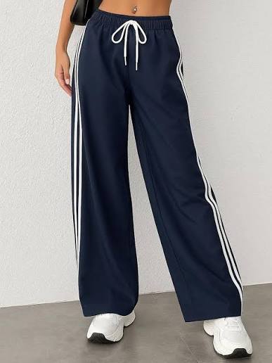 Navy Side-Stripe Wide-Leg Track Pants
